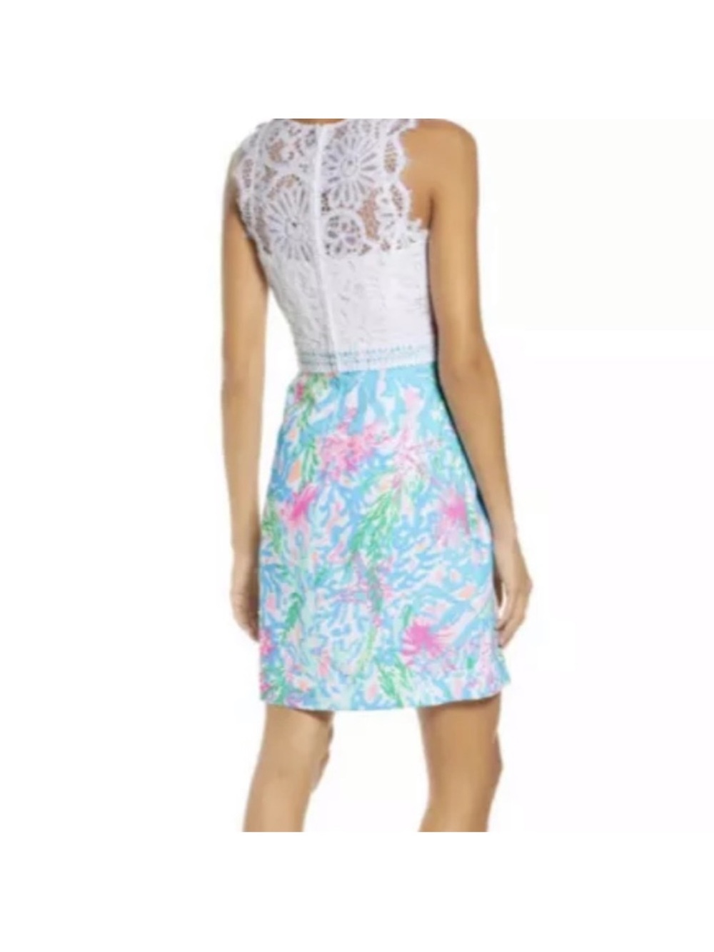 Lace Bodice Floral Print Sleeveless Dress - White & Pastel Blue - Picture 3 of 5